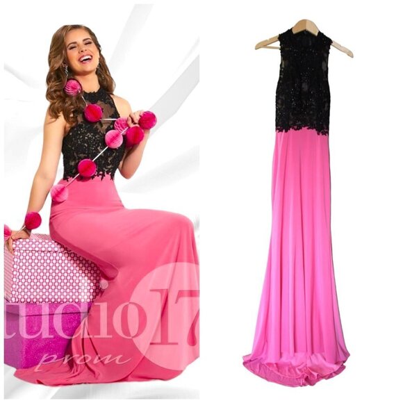 NWT Studio 17 Pink & Black Rhinestone & Lace Prom Maxi Dress Size 6/8 Backless - Picture 1 of 14